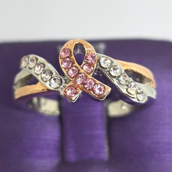 Pink Breast Cancer Awareness Ribbon Rose Gold Silver Rhodium Plated Ring SZ 7 - Picture 14 of 17